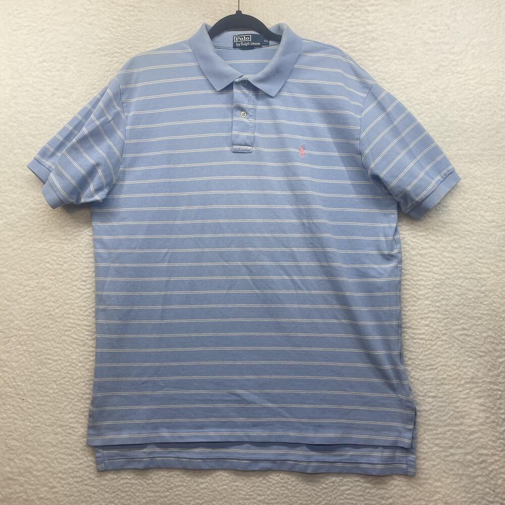 Polo Ralph Lauren Polo Shirt Mens XL Blue Striped Pink Pony Cotton Casual Golf